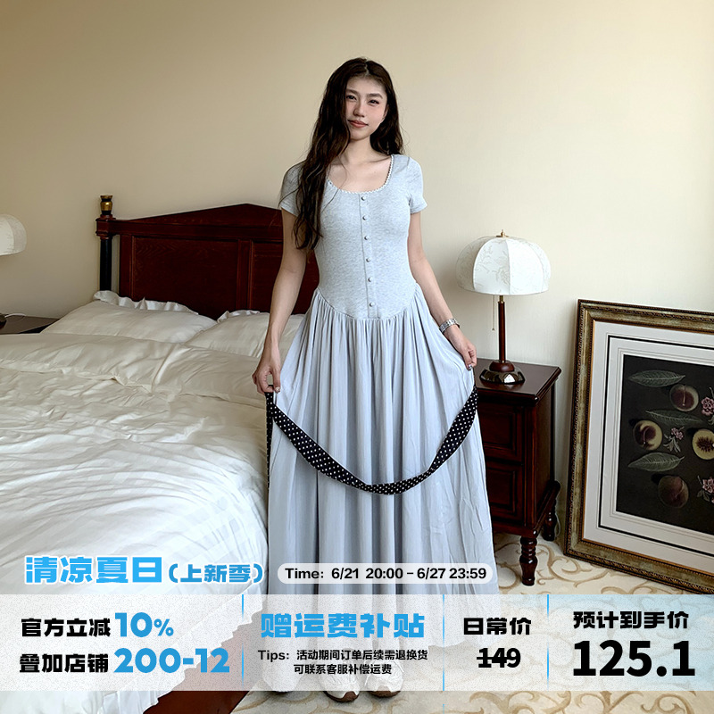 橘子树在哪儿纯欲风方领短袖连衣裙女夏季高级感简约显瘦大摆裙子