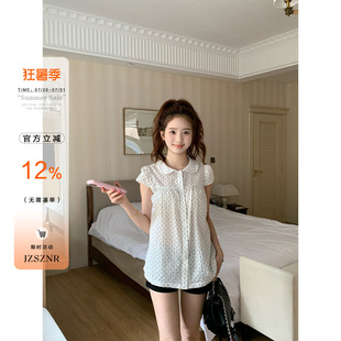 橘子树在哪儿韩系娃娃领波点短袖衬衫女夏纯棉温柔风显瘦百搭上衣