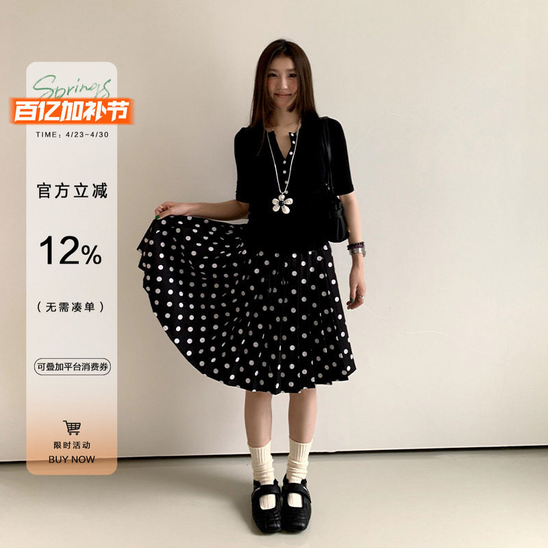 橘子树在哪儿复古波点百褶半身裙女夏季高腰宽松显瘦气质百搭中裙