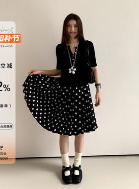 橘子树在哪儿复古波点百褶半身裙女夏季高腰宽松显瘦气质百搭中裙