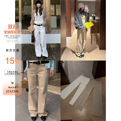 OTee韩系复古中腰微喇牛仔裤女秋