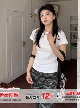 橘子树在哪儿纯色简约正肩短袖t恤女夏季修身显瘦体恤百搭短上衣