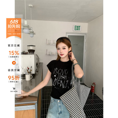 橘子树在哪儿黑色印花短袖t恤女夏季辣妹风修身显瘦气质短款上衣