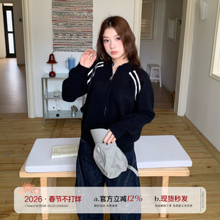 橘子树在哪儿韩系数字印花毛衣外套女秋季运动风休闲撞色拉链上衣