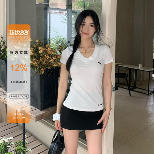 橘子树在哪儿韩系v领收腰短袖t恤