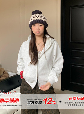 橘子树在哪儿灰色短款连帽卫衣外套女秋季款宽松慵懒风双拉链开衫