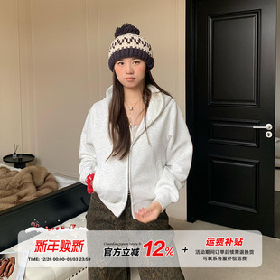 宽松慵懒风双拉链开衫 款 连帽卫衣外套女秋季 橘子树在哪儿灰色短款