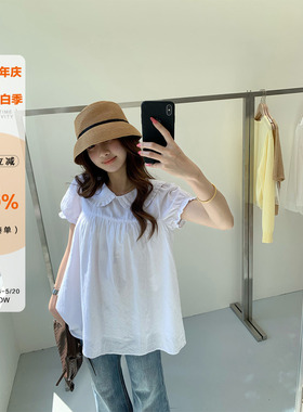 橘子树在哪儿白色娃娃领短袖衬衫女夏季纯棉甜美宽松显瘦小衫上衣