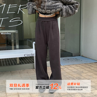 橘子树在哪儿复古加绒休闲裤 女秋冬慵懒风保暖显瘦百搭松紧腰卫裤