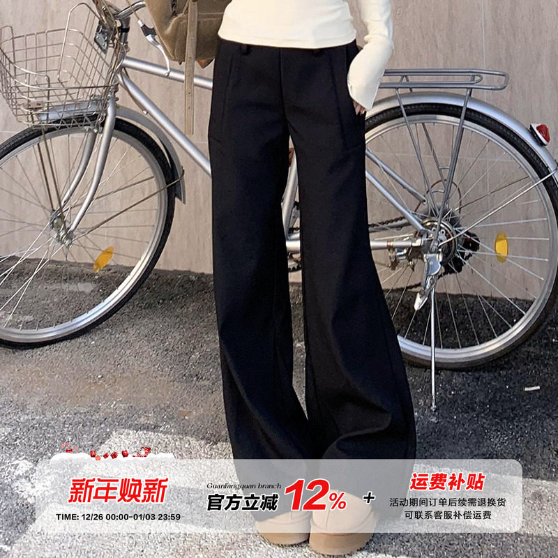 橘子树在哪儿黑色低腰加绒喇叭西装裤女秋冬高级感休闲宽松拖地裤