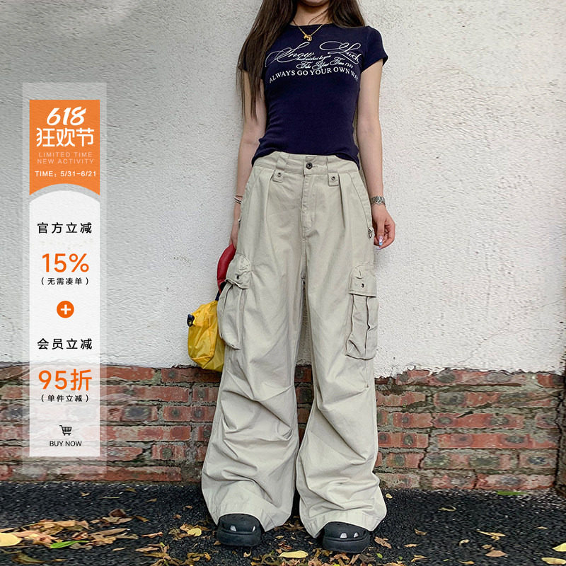 橘子树在哪儿美式复古工装裤女夏薄款褶皱休闲阔腿大口袋裤子