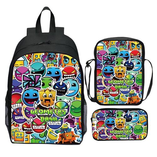 新品印花geometry dash几何冲刺三件套装书包 卡通小学生背包挎包