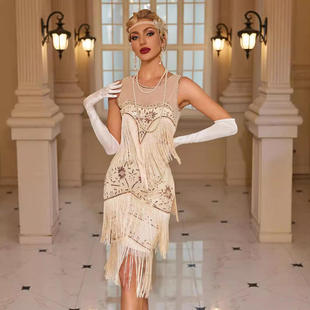1920S复古舞会刺绣流苏礼服裙 亮片钉珠网纱连衣裙 鸡尾酒派对大码