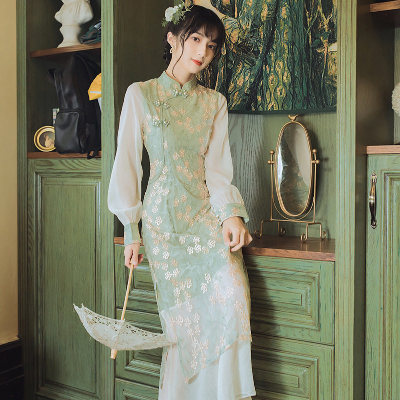 民国风复古女装中式旗袍年轻款少女日常网纱刺绣旗袍改良版连衣裙