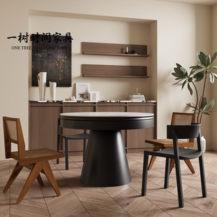 岩板圆餐桌可伸缩变形家用小户型折叠餐桌复古实木弗莱彻饭桌