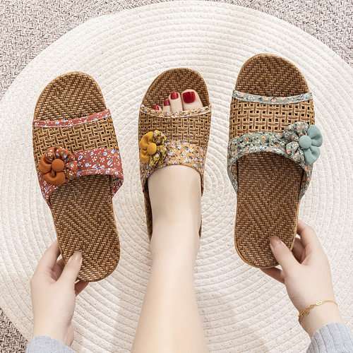 天然亚麻竹编织藤草包头凉席拖鞋