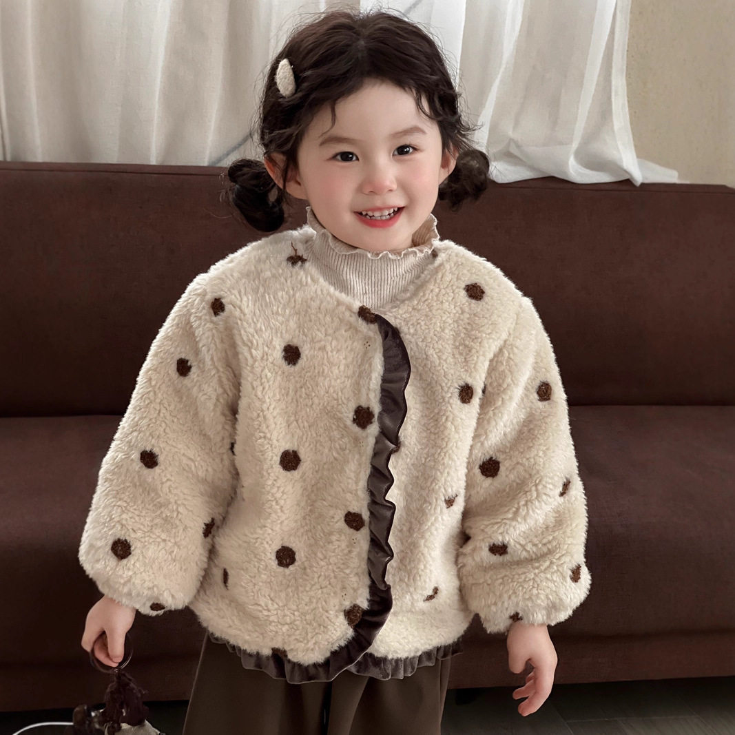 冬季新款童装韩版宝宝圆点刺绣棉衣儿童洋气毛毛衣夹棉女童外套