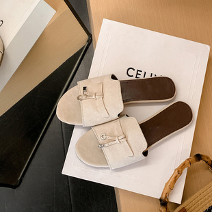 2026夏季新款LP风半拖鞋女流苏锁扣平底一字拖外穿凉拖法式穆勒鞋