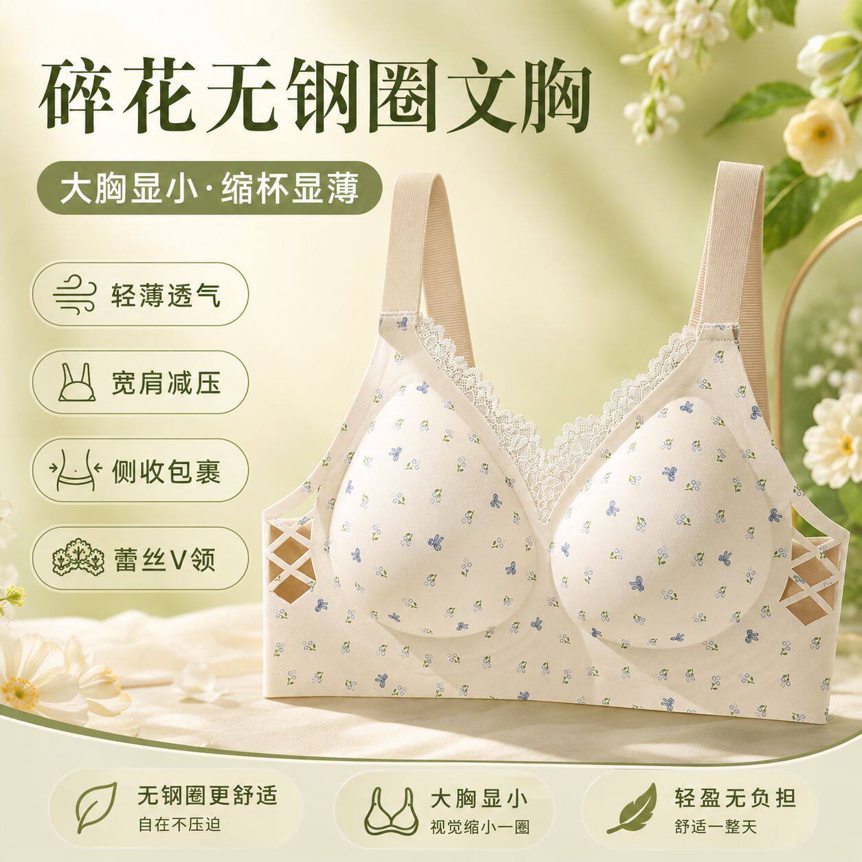 果冻胶侧翼镂空设计美背内衣女士大胸显小新款碎花蕾丝法式文胸罩