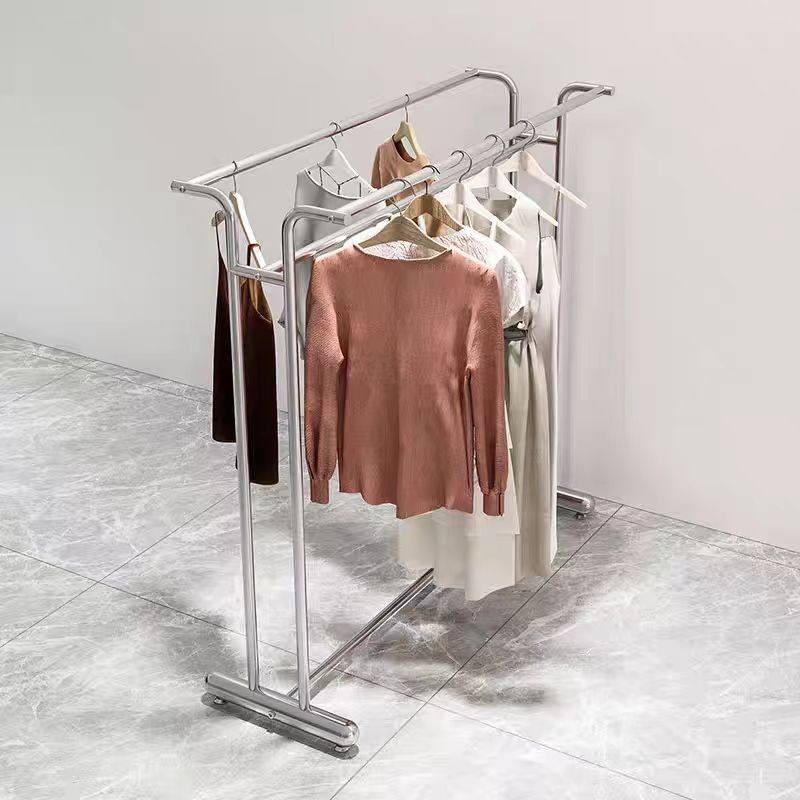 不锈钢展示落地中岛架男女童装双排挂衣服货架简约双杠落地架