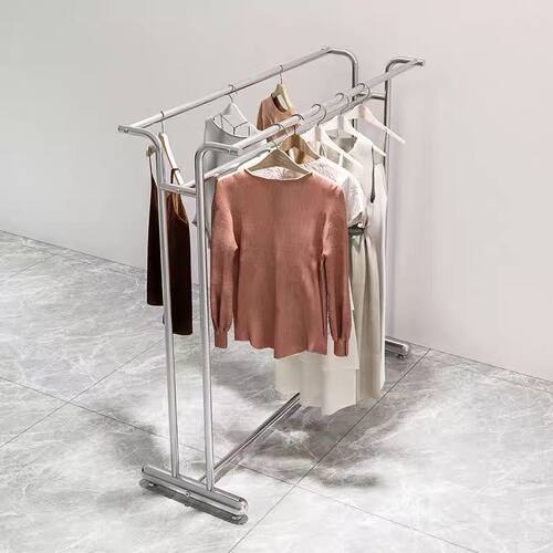 不锈钢展示落地中岛架男女童装双排挂衣服货架简约双杠落地架