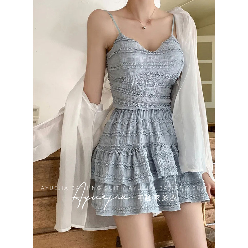 韩国ins风泳衣女分体三件套泡温泉纯欲性感遮肚显瘦时尚度假裙式