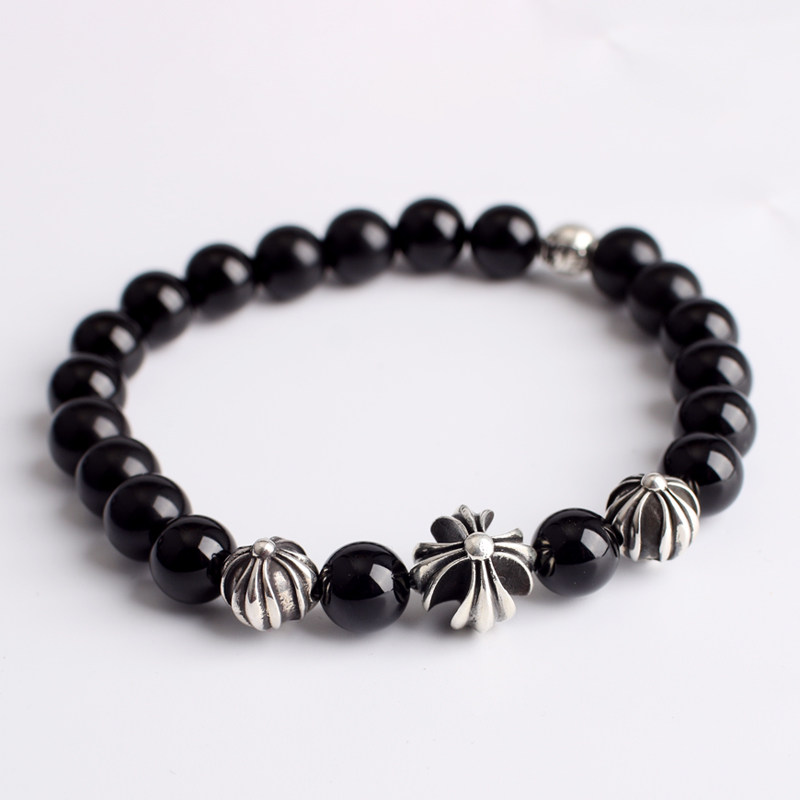 一休老银匠925纯银十字花字母珠黑曜石手链潮流男女款情侣手环