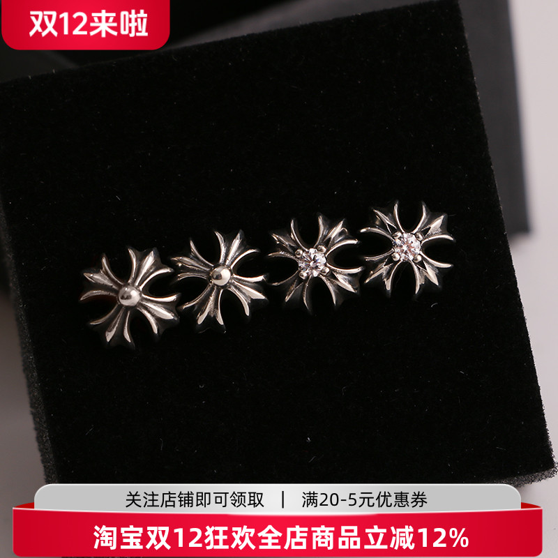 一休老银匠925镶锆石十字花耳钉