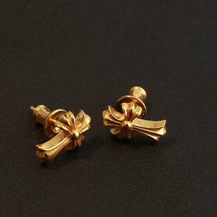 一休老银匠S925纯银 镀金小十字架耳钉耳坠潮流朋克风格 男女款