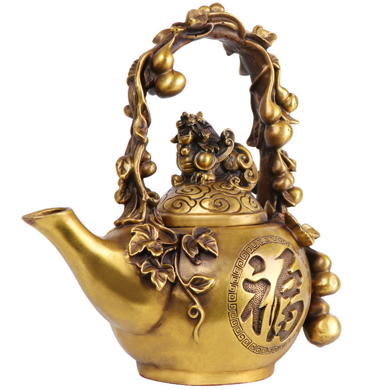 杨铜记 铜茶壶摆件貔貅葫芦礼品装饰工艺品摆件 福字茶壶黄铜