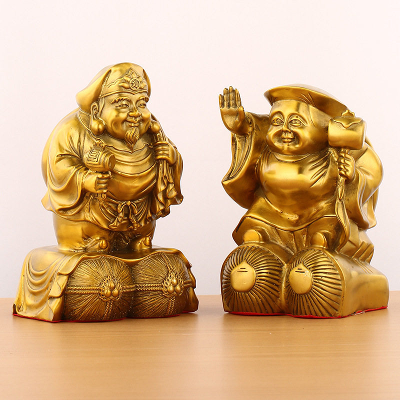 黄铜大黑天财神日本财神大黑天招手财神举锤布袋财神家居摆件