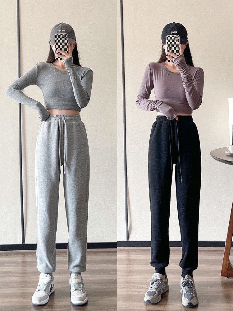 纯棉秋季款束脚裤女士哈伦裤大码显瘦宽松高腰休闲运动裤黑色学生