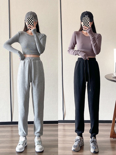 纯棉秋季款束脚裤女士哈伦裤大码显瘦宽松高腰休闲运动裤黑色学生
