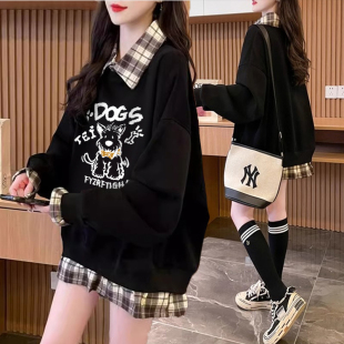 格子拼接假两件薄款卫衣女春秋季新款韩版宽松百搭设计感洋气上衣