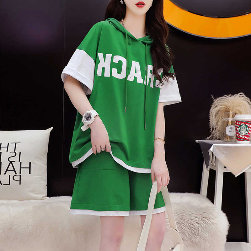 拼色连帽设计感短袖短裤运动套装女夏季新款韩版宽松大码两件套装