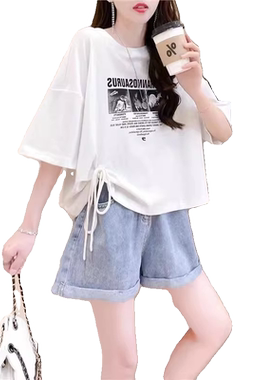 绑带抽绳设计感纯棉短袖T恤女