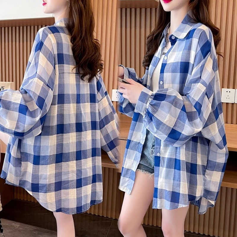 格子薄款防晒衣衬衫女2023年夏季新款韩版宽松大码设计感上衣外套-封面