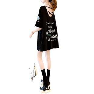 露背设计感V领短袖T恤女夏季新款韩版宽松百搭大码胖mm小心机上衣