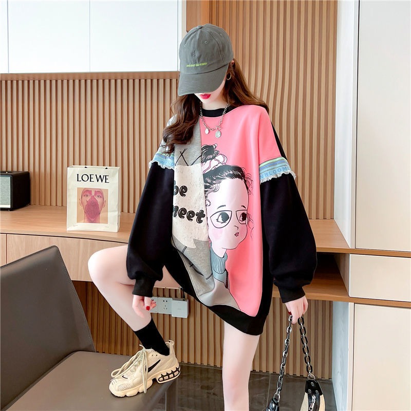 拼色圆领设计感薄款大码卫衣女