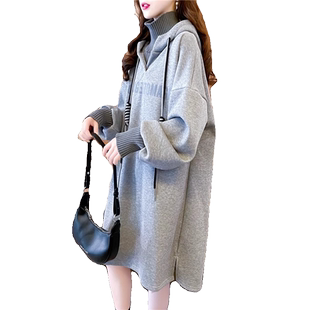 高领假两件长款连帽加绒卫衣女秋冬季新款韩版宽松百搭大码连衣裙