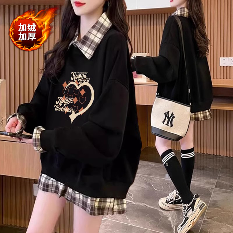 格子拼接假两件薄款卫衣女春秋新款韩版宽松百搭设计感洋气上衣潮