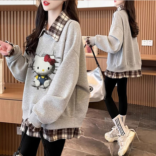 格子拼接假两件加绒加厚卫衣女秋冬新款韩版宽松百搭学生洋气上衣