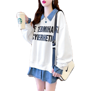 大码设计感假两件加绒卫衣女2023年秋冬新款韩版宽松百搭加厚上衣