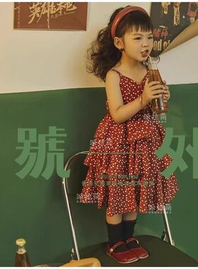 复古港风红裙舞台拍照衣服8090年代儿童摄影服装女童演出服连衣裙