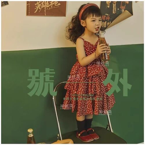 复古港风红裙舞台拍照衣服8090年代儿童摄影服装女童演出服连衣裙