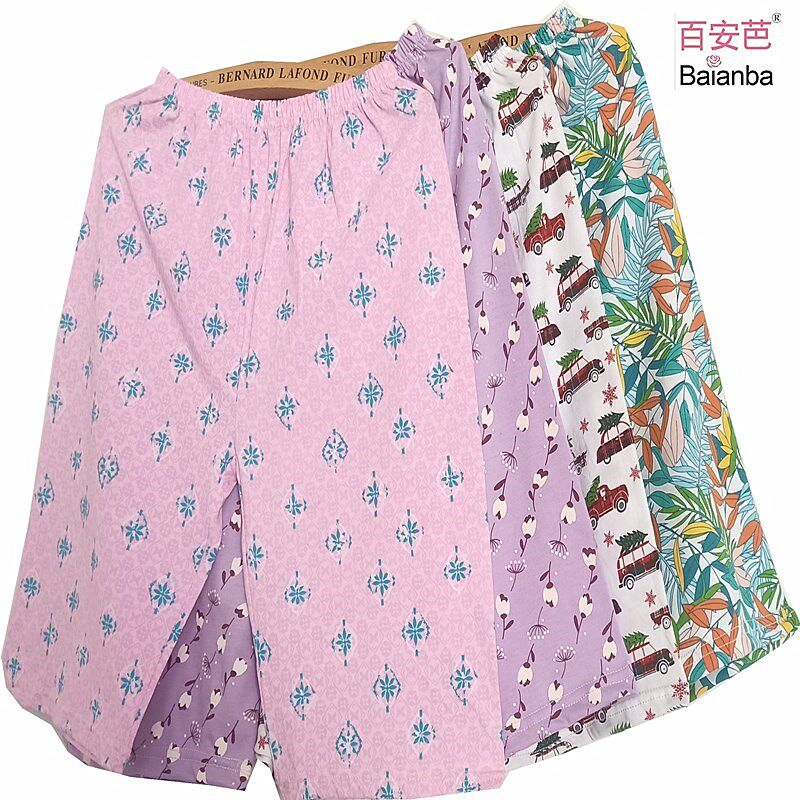 针织棉印花短睡裤女夏季可外穿裤头宽松中裤纯色短款睡裤家居短裤
