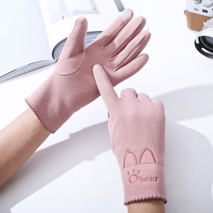 麂皮绒分指触屏手套女冬天骑车防风保暖加绒手套韩版 手套 百搭时尚