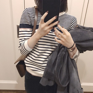 南瓜针织衫女宽松套头上衣条纹春秋圆领七分/长袖短款毛衣Z192
