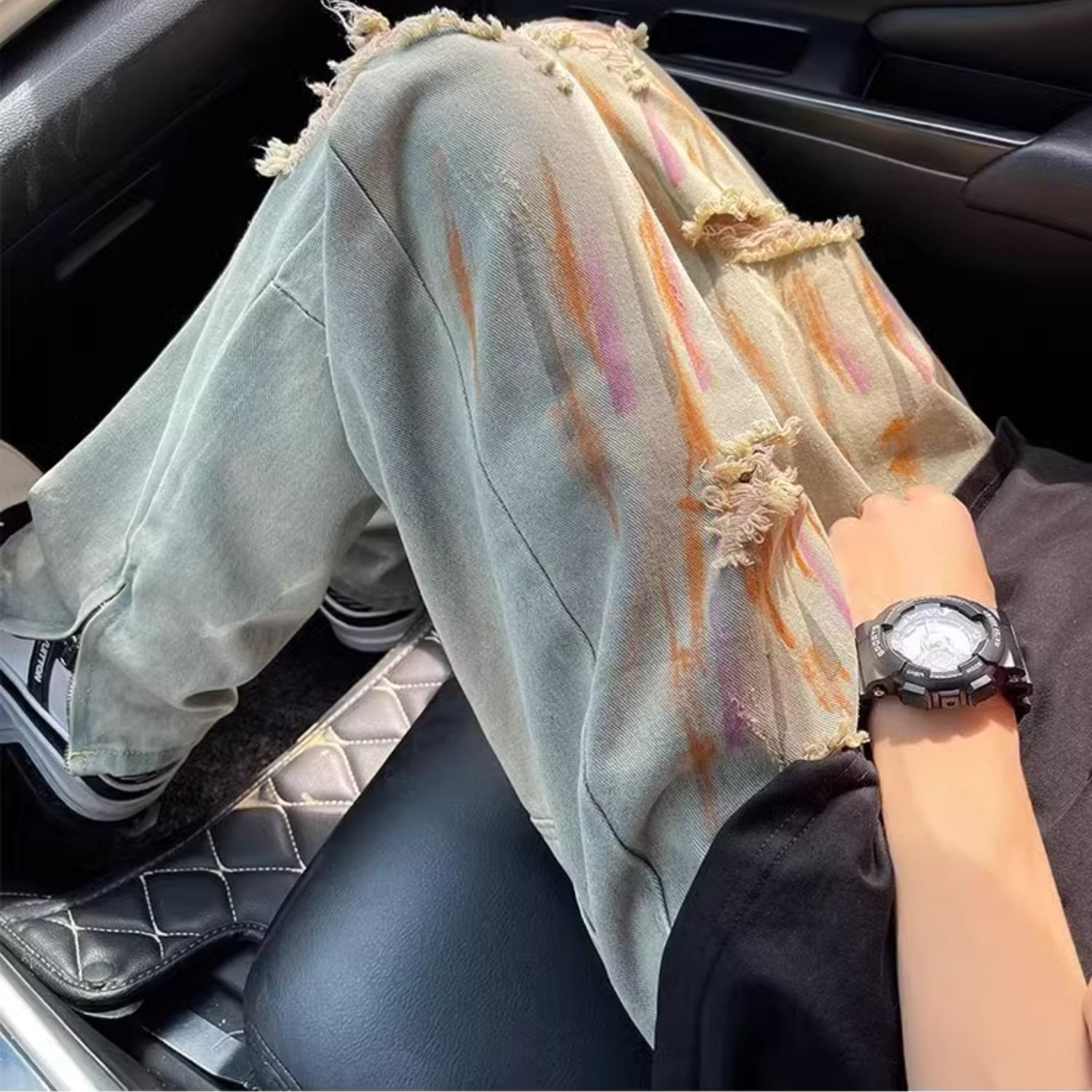 夏季薄款高街破洞牛仔裤男裤脚拉链设计hiphop美式复古直筒长裤子