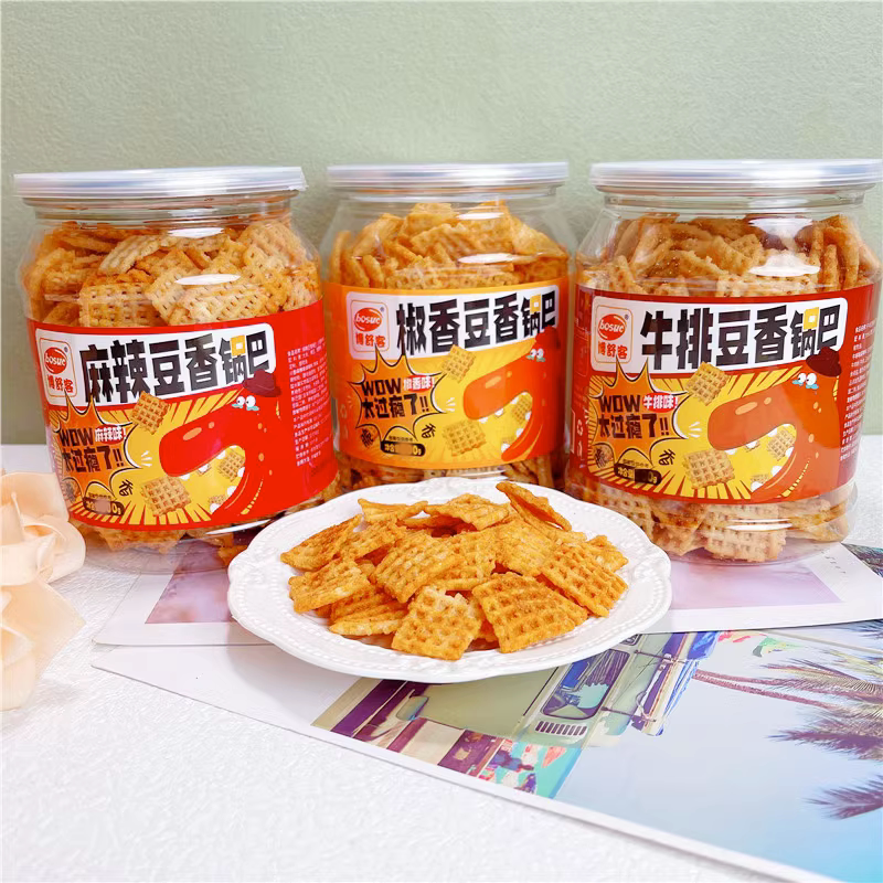 博舒客豆香锅巴280g*3罐川香麻辣牛排椒香味膨化食品薯片休闲零食